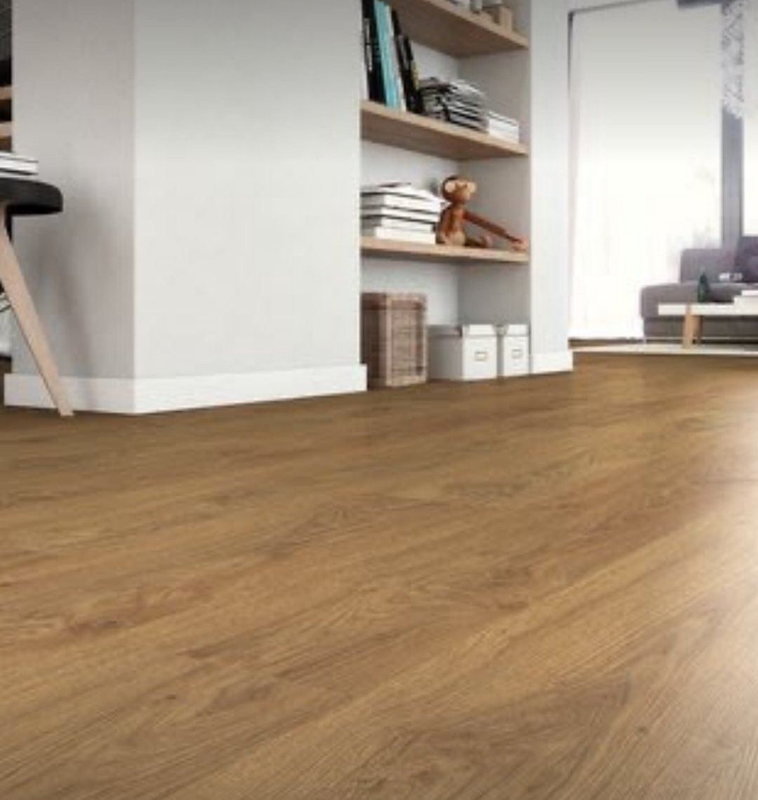Salon avec parquet EGGER Chêne Asgil miel EL2863